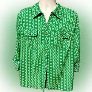 Vintage Notations Blouse XL Excellent Condition Kelly Green w White Chain Links